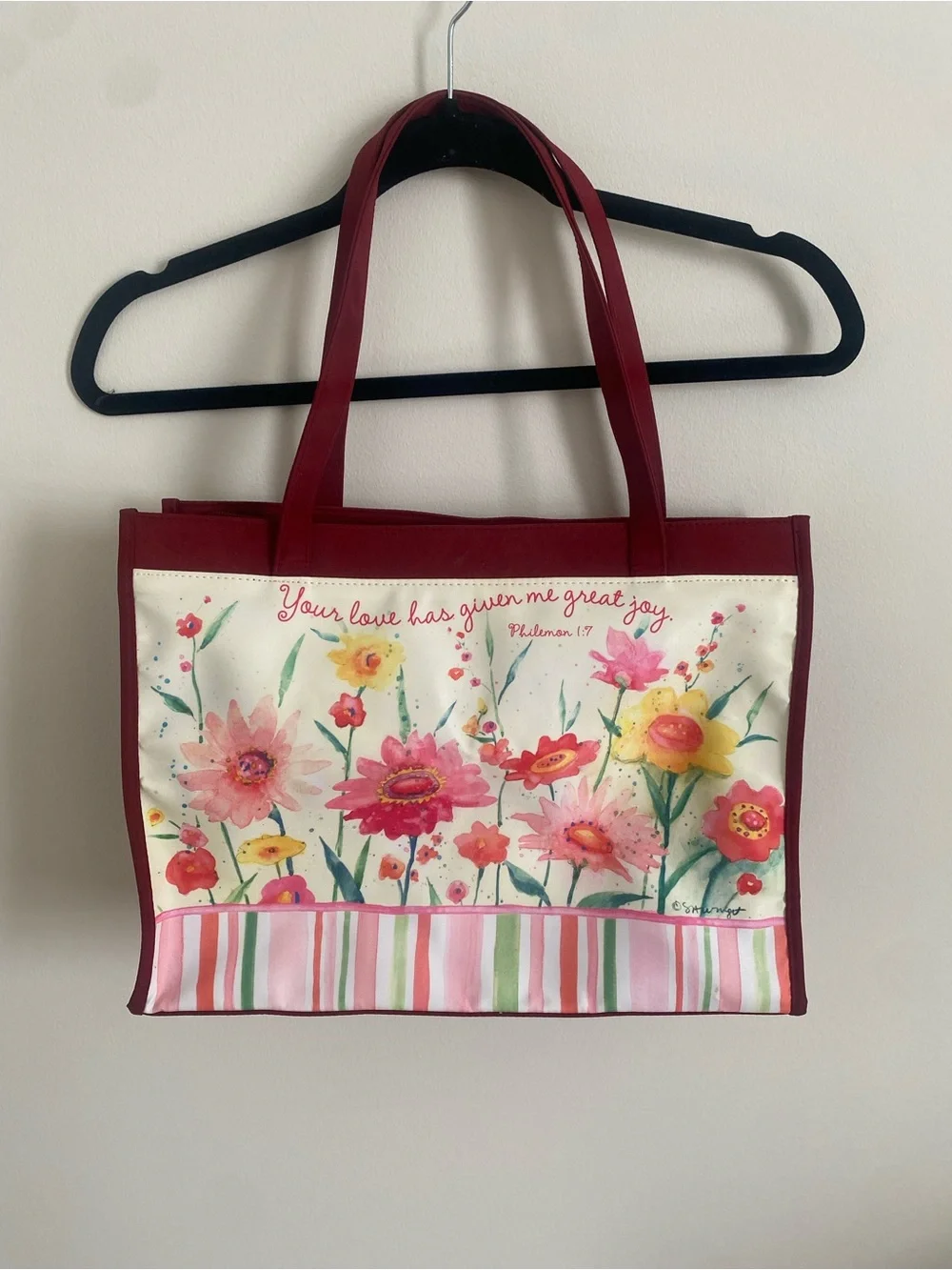 Watercolor Floral Canvas Tote in Burgundy Trim